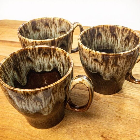 Vtg Brown Drip Glaze Coffee Cups Set of 3 - Picture 2 of 8